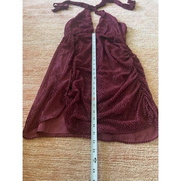 Saylor Burgundy Velvet Burnout Halter Mini Dress Size S Ruched Lined Sexy - Picture 3 of 9